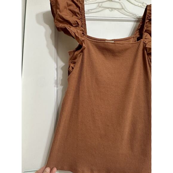 A New Day Ruffle Sleeve Ribbed Tank, Brown, Elastic Hem, Stretch, XL - Picture 3 of 10